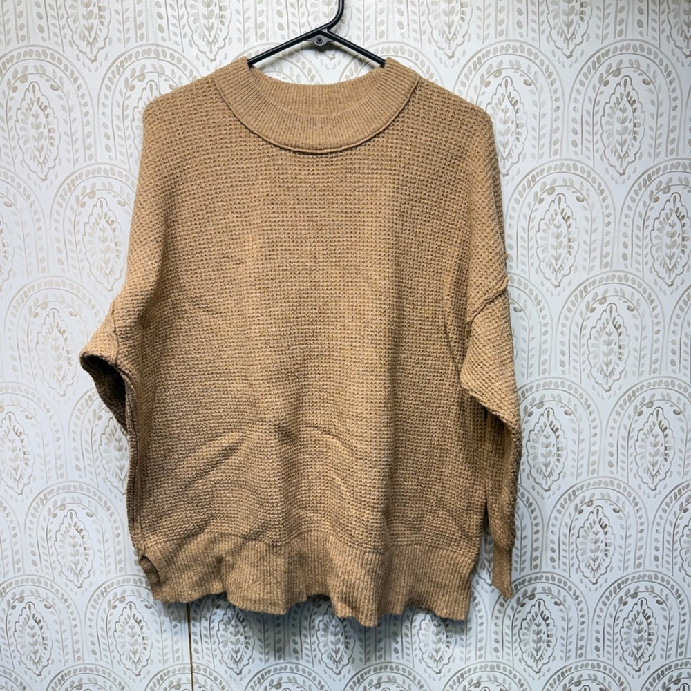 Aerie Waffle Knit Sweater Womens Small/Medium Tan Oversized Crewneck Pullover